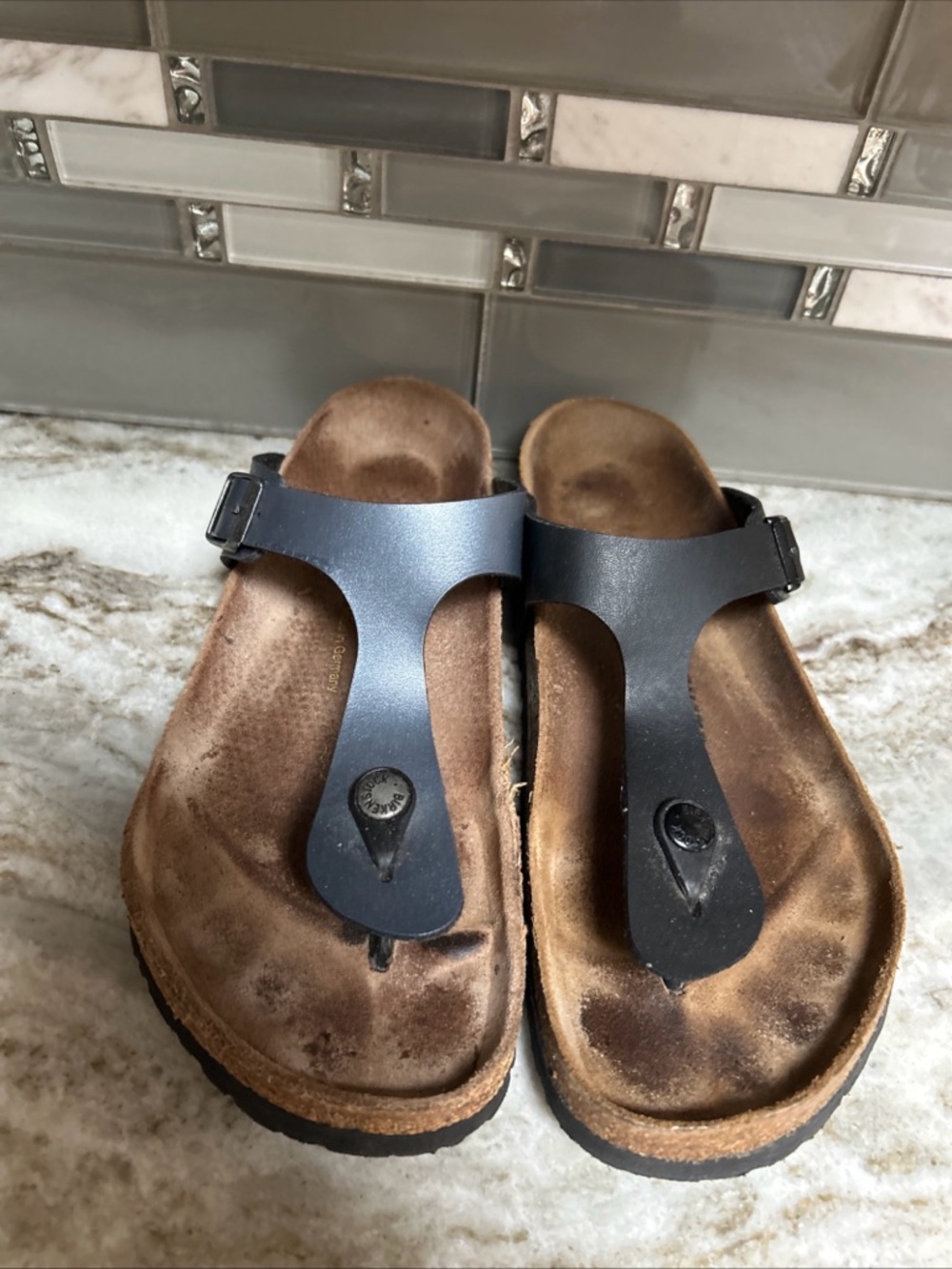 BIRKENSTOCK Gizeh Black/ Gray Thong Leather SANDALS Comfort Slide Womens Sz 9